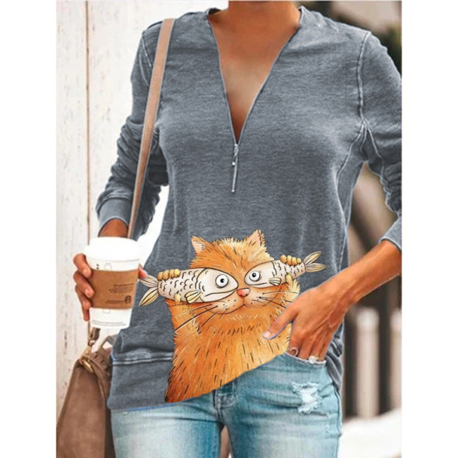 Women Plus Size Cute Cat with fish Animal Cat Printed Casual V Neck Sweatshirt & Top