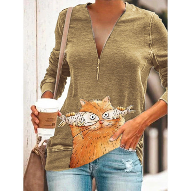 Women Plus Size Cute Cat with fish Animal Cat Printed Casual V Neck Sweatshirt & Top