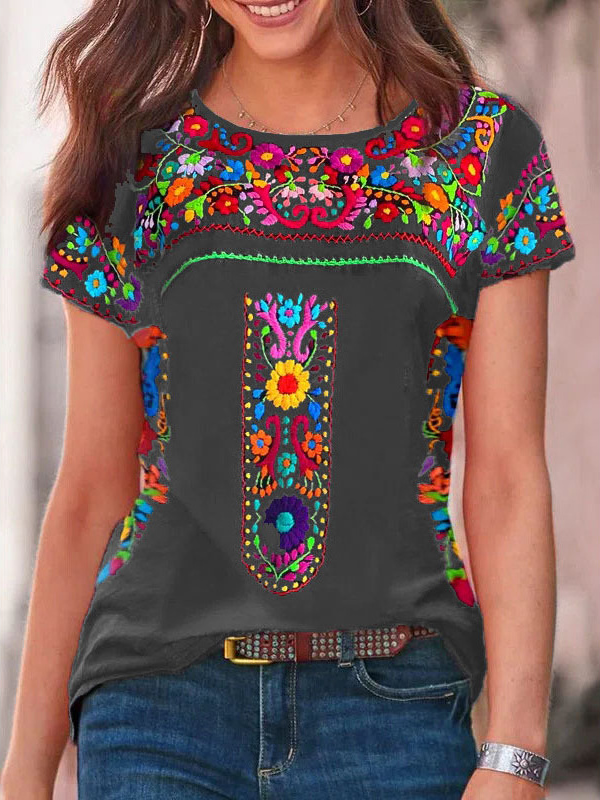 Women's Bohemian Tee Tribal Western Floral Print Crew Neck T-Shirt