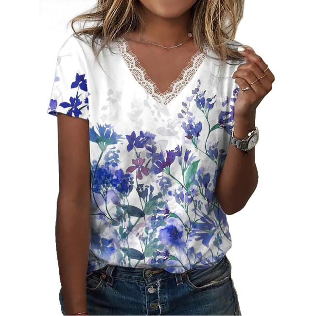 Women's T-Shirt Lace V-Neck Floral Print Spring Outfits