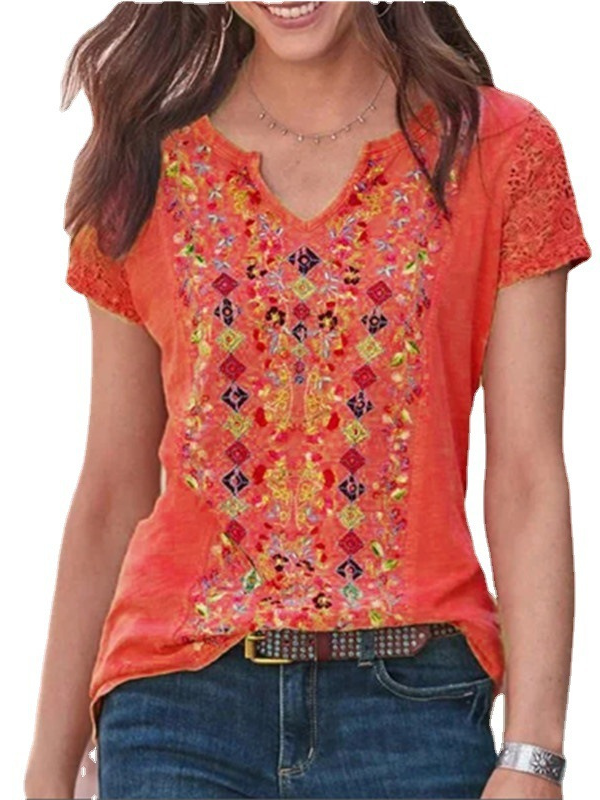 Women's T-Shirt Tribal Floral Print Short Sleeve V-Neck Tee