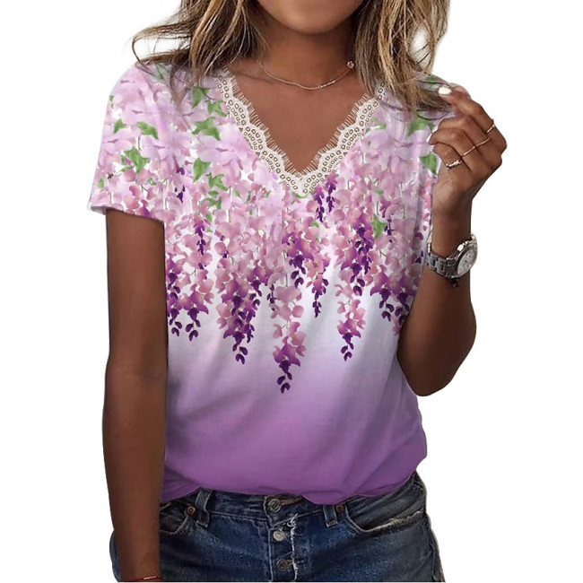 Women's T-Shirt Lace V-Neck Floral Print Spring Outfits