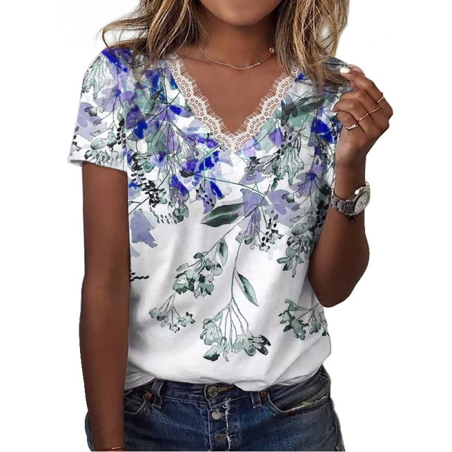 Women's T-Shirt Lace V-Neck Floral Print Spring Outfits