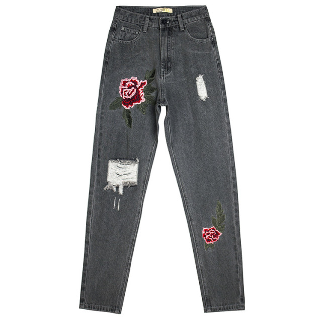 Embroidered High Waist Straight Jeans Street BoyFriden Style Ripped Jeans