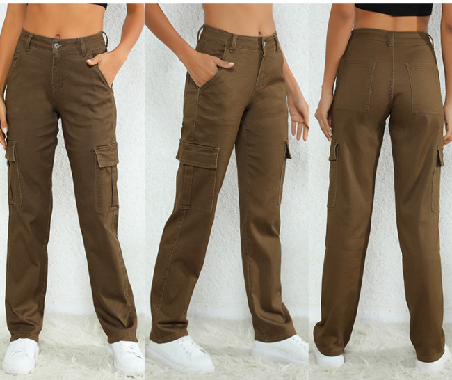 High Waist Jeans Women's Spring Straight Pants Loose Cargo Denim Jean
