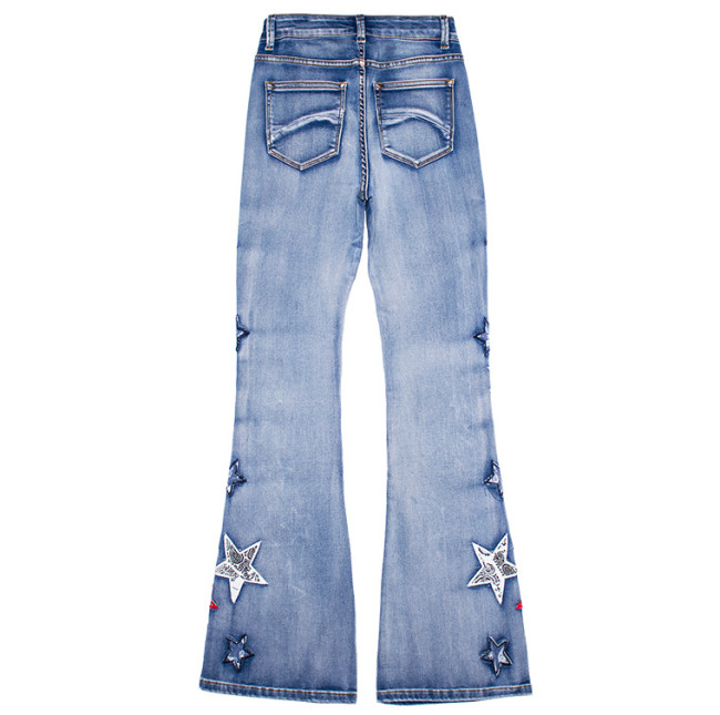 Women's Flared Denim Pant Wide Leg Pants Star Embroidery Trousers
