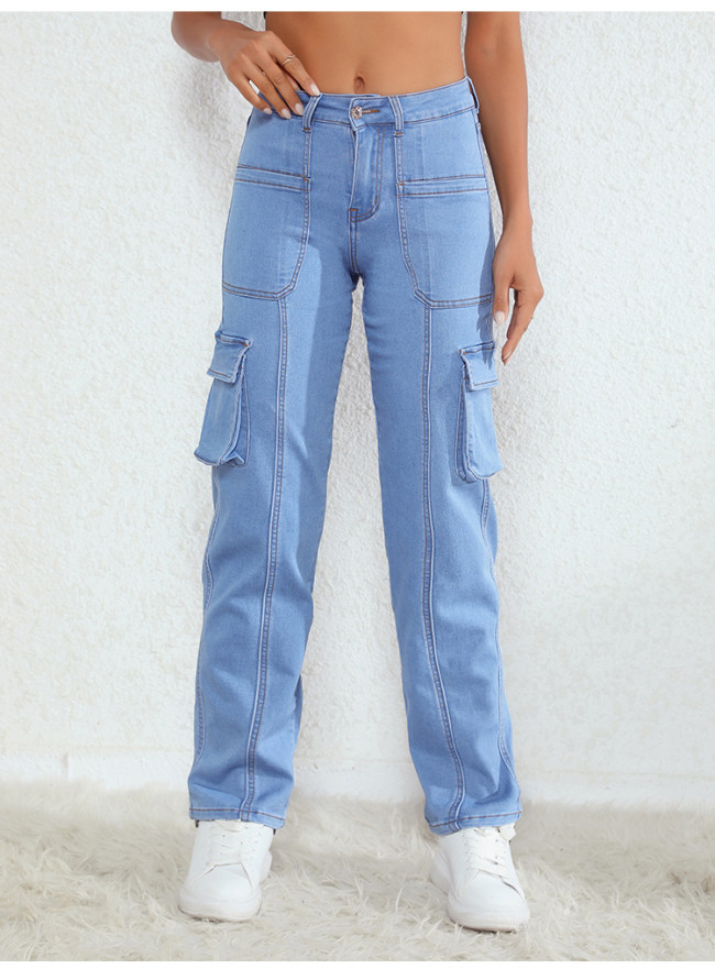 Women's Cargo Denim Pant Straight Leg Loose Stretch Pocket Cargo Jeans