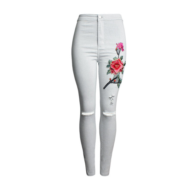 3D Embroidery Floral Slim-Fit Women's Jean Pants Ripped Jeans