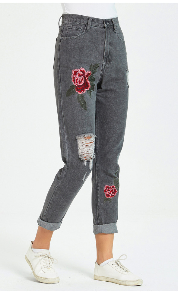 Embroidered High Waist Straight Jeans Street BoyFriden Style Ripped Jeans