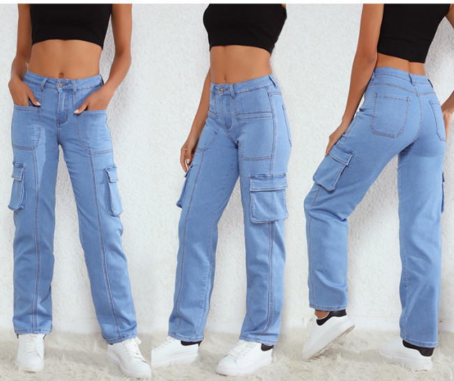 Women's Cargo Denim Pant Straight Leg Loose Stretch Pocket Cargo Jeans