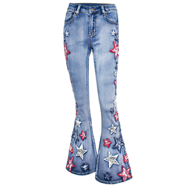 Women's Flared Denim Pant Wide Leg Pants Star Embroidery Trousers