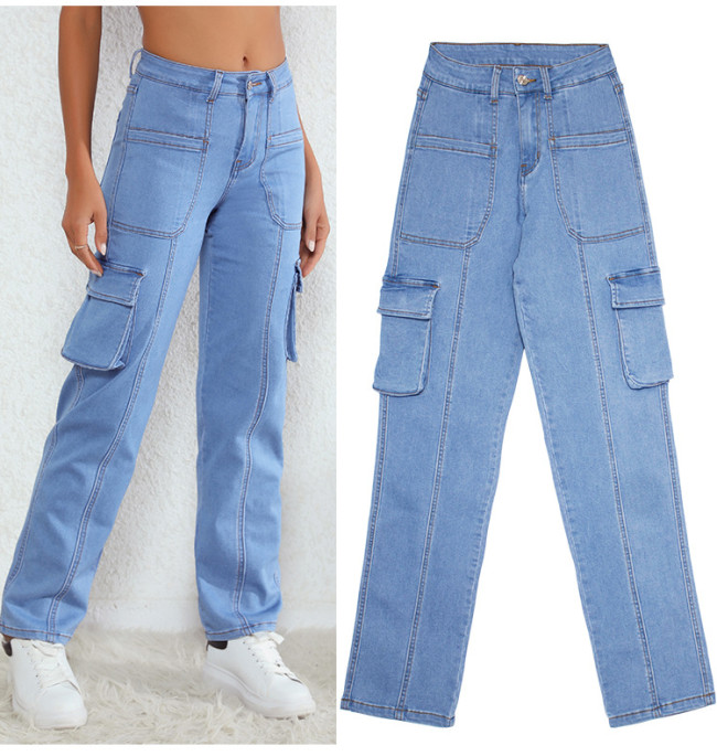 Women's Cargo Denim Pant Straight Leg Loose Stretch Pocket Cargo Jeans