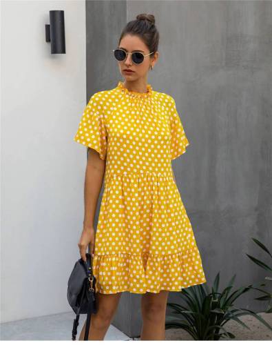 Retro Boho Dress in Yellow with Polka Dots
