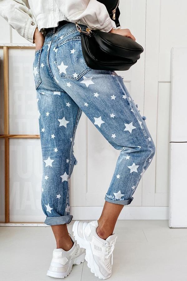 Retro Star Printed Relaxed Jean Ripped Jeans Pant