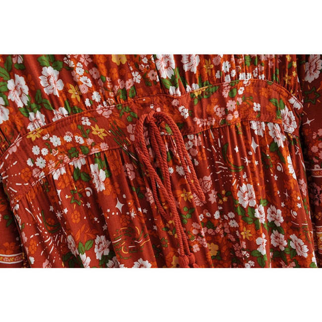 Bohemian Floral Print Maxi Dress Eclectic floral prints Rust Orange Color with Flare Hem Cotton Maxi Dress Perfect Look