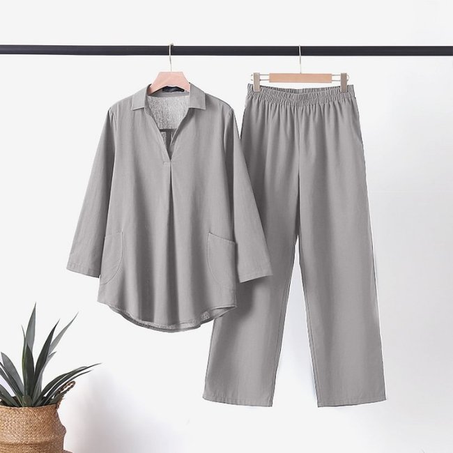 Cotton linen lapel long-sleeved shirt elastic waist trousers two-piece set