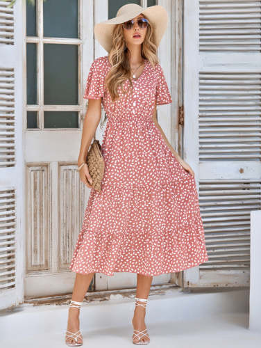 Casual Women's Spring Summer V-neck Ruffle sleeve Floral Printed Dress