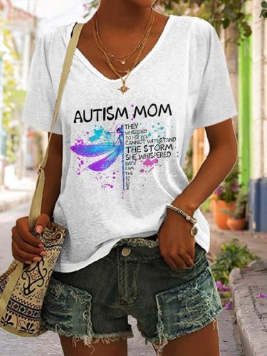 V-neck Retro Dragonfly Autism Mom I Am The Storm Print T-Shirt