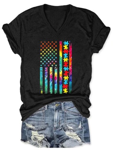 V-neck Autism Awareness Tie Dye Flag Stars Print T-Shirt
