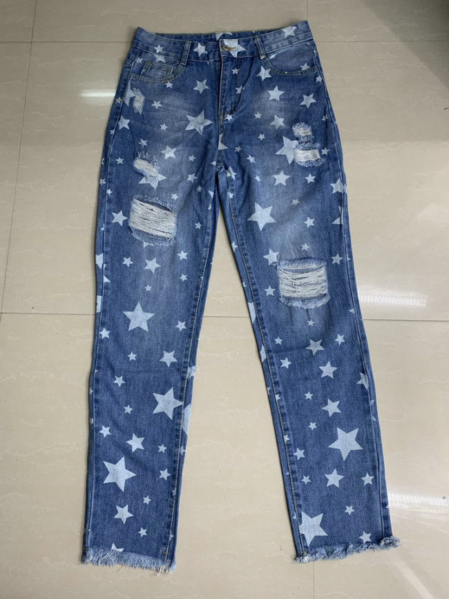 Retro Star Printed Relaxed Jean Ripped Jeans Pant