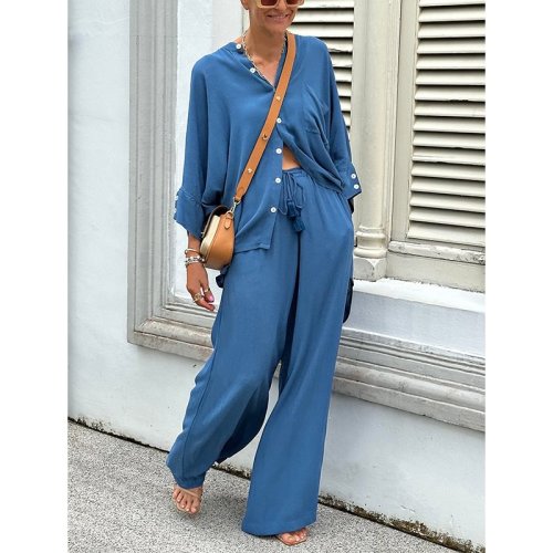 Fashion Loose Top Stand Collar Straight Leg Pants Two-Piece Set