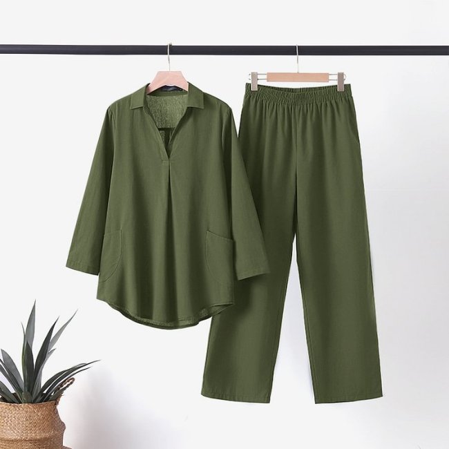 Cotton linen lapel long-sleeved shirt elastic waist trousers two-piece set