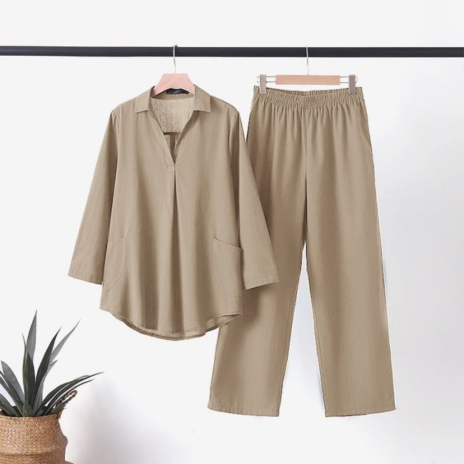 Cotton linen lapel long-sleeved shirt elastic waist trousers two-piece set