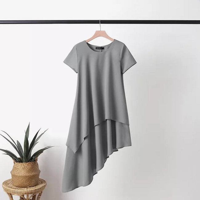 Round Neck Casual Asymmetric Hem Solid Midi T-Shirt Dress