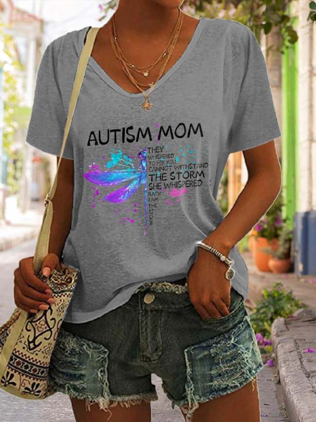 V-neck Retro Dragonfly Autism Mom I Am The Storm Print T-Shirt