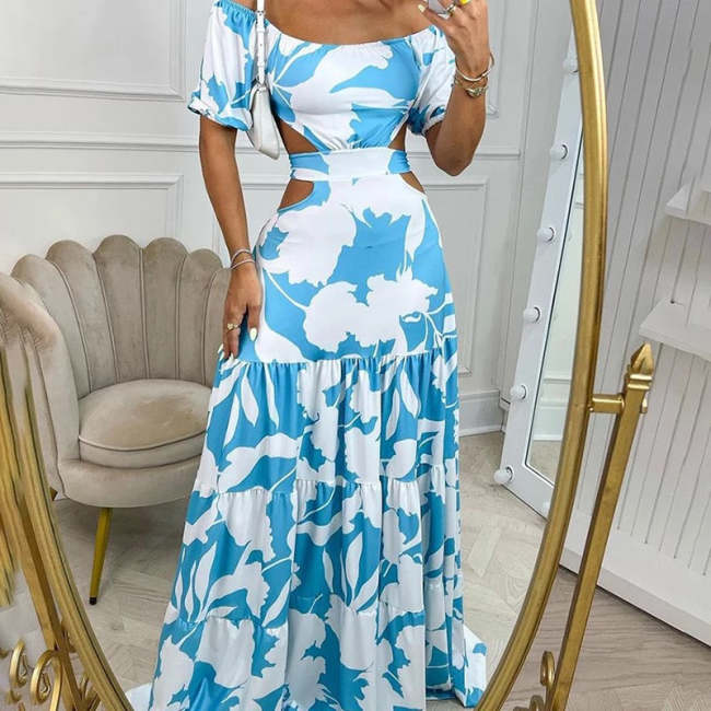 Ins Style Floral Print High Waist Hollow Out Off Shoulder Maxi Dress Big Swing Dress