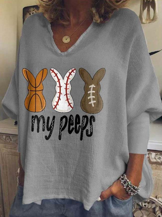 Women's My Peeps Easter Bunny Print Long Sleeve V-Neck T-Shirt