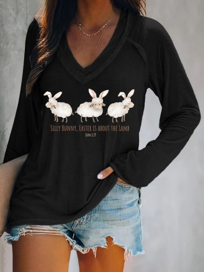 Women's Silly Bunny Easter Is About The Lamb Easter Print Casual T-Shirt