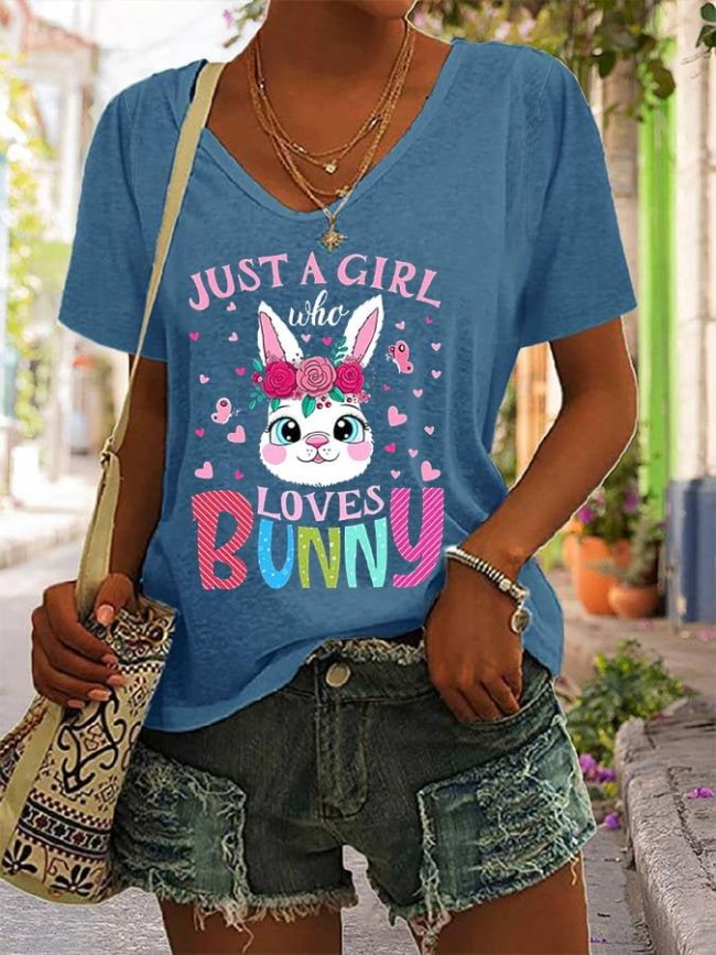 Women's Easter Just A Girl Who Loves Bunny Printed Casual V-Neck Tee