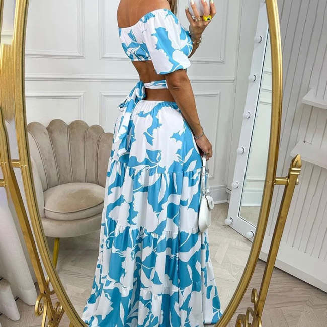 Ins Style Floral Print High Waist Hollow Out Off Shoulder Maxi Dress Big Swing Dress