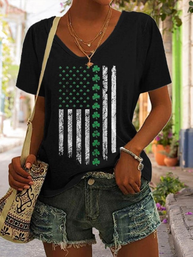 V-Neck Retro St.Patrick's Day Flag Print T-Shirt