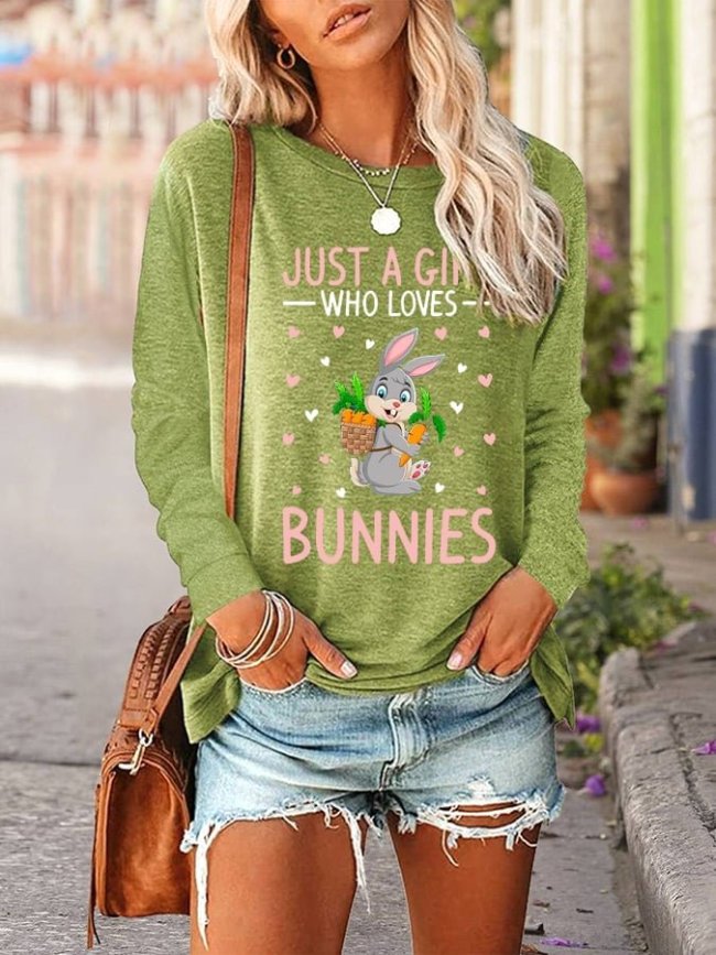 Women's Easter Just A Girl Who Loves Bunnies Printed Long-Sleeve T-Shirt