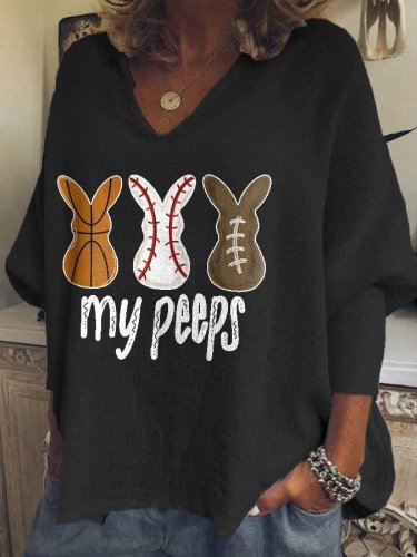 Women's My Peeps Easter Bunny Print Long Sleeve V-Neck T-Shirt