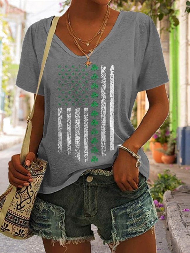 V-Neck Retro St.Patrick's Day Flag Print T-Shirt