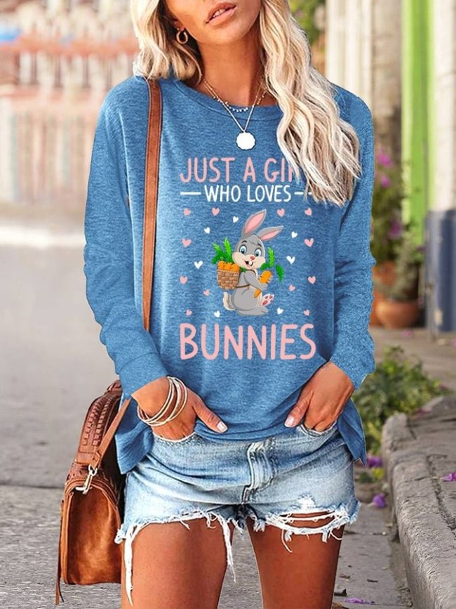 Women's Easter Just A Girl Who Loves Bunnies Printed Long-Sleeve T-Shirt