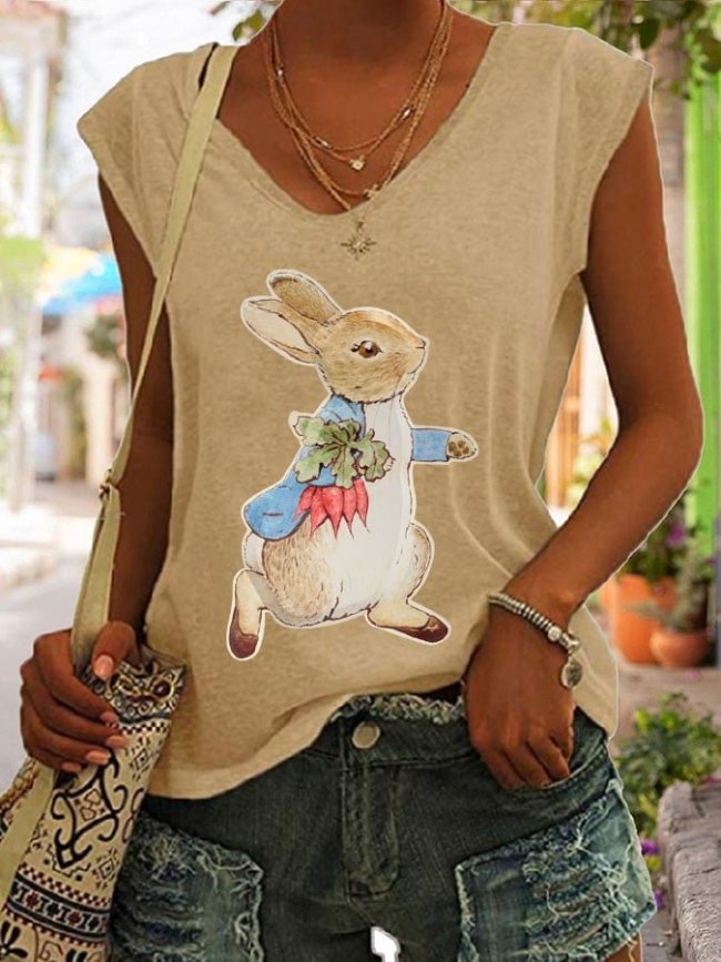 Women's Easter Bunny Print Sleeveless T-Shirt
