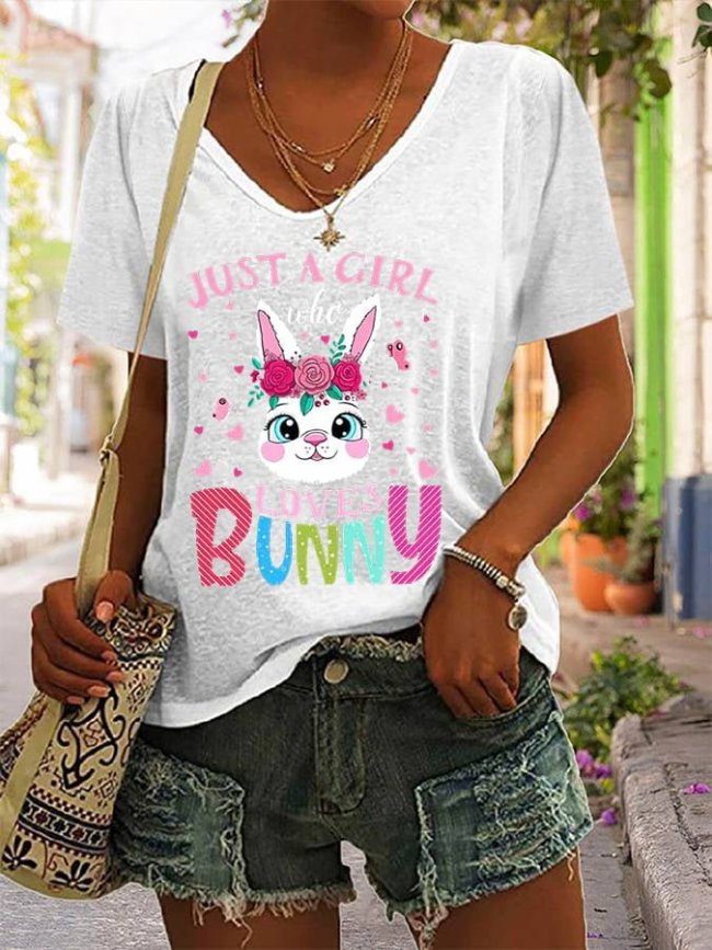 Women's Easter Just A Girl Who Loves Bunny Printed Casual V-Neck Tee