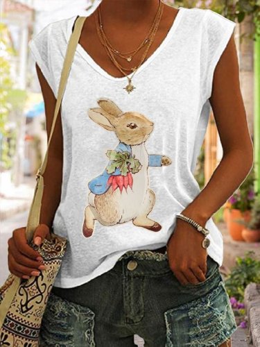 Women's Easter Bunny Print Sleeveless T-Shirt