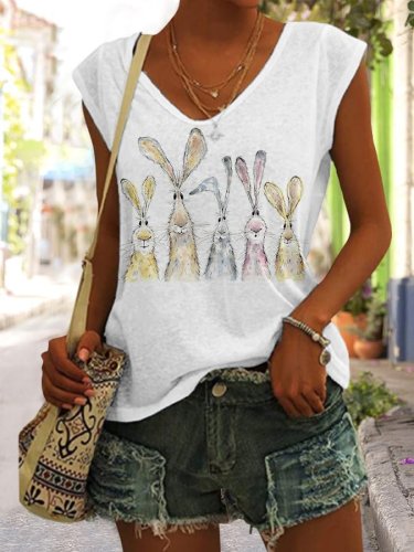 Women's Eatser Watercolor Hare Print Sleeveless Tee