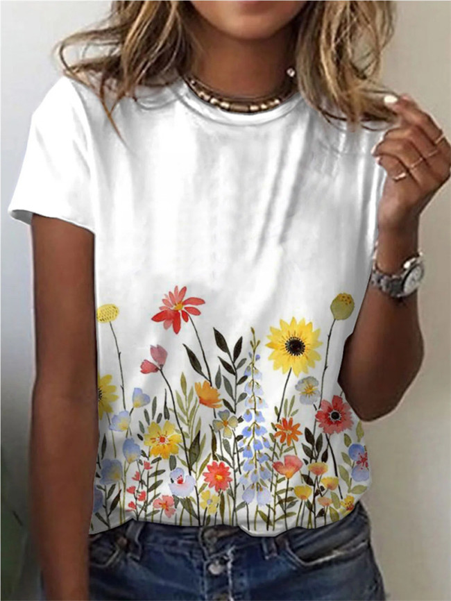 Women's T-Shirts Spring Summer Floral Print Crew Neck Tee