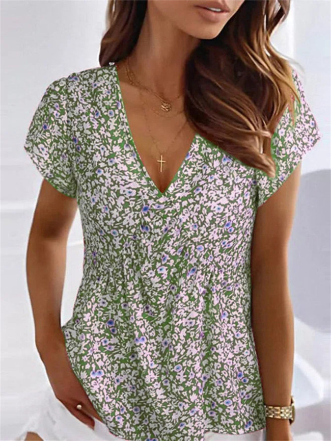 Women's Floral Tee Deep V Flower Print Short Sleeve T-Shirts