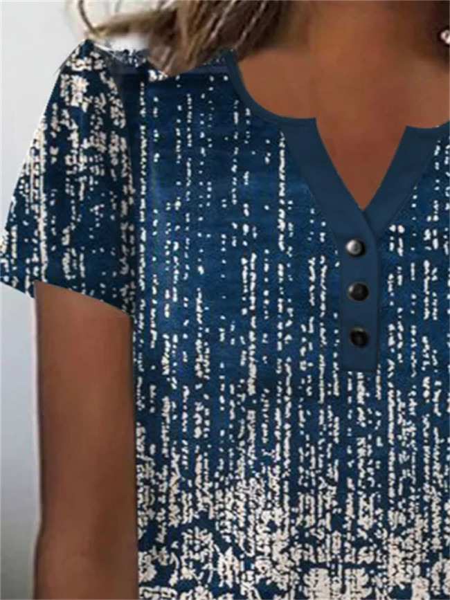 Women's Artist Print Blue Retro Floral Button Down Short Tee T-Shirts