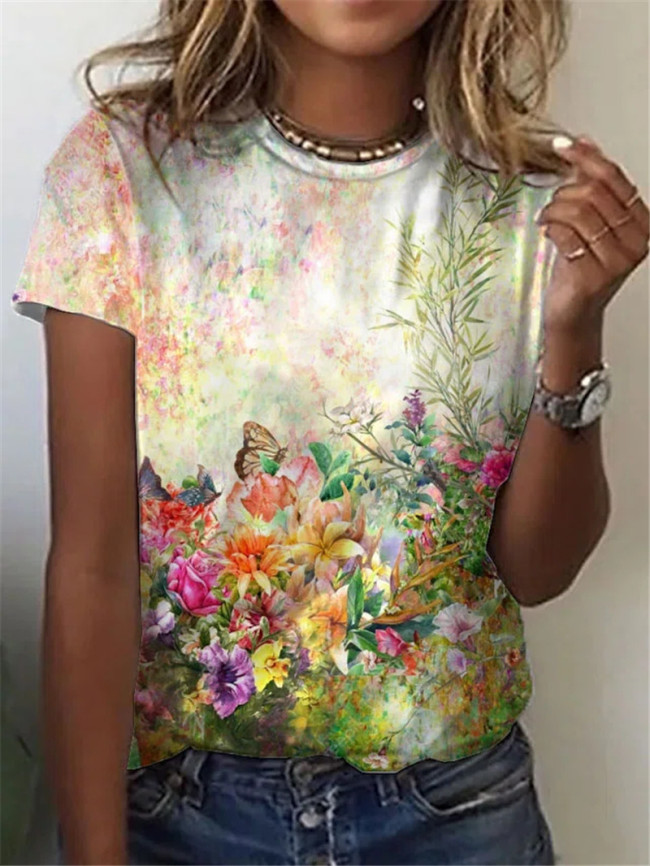 Women's T-Shirts Spring Summer Floral Print Crew Neck Tee