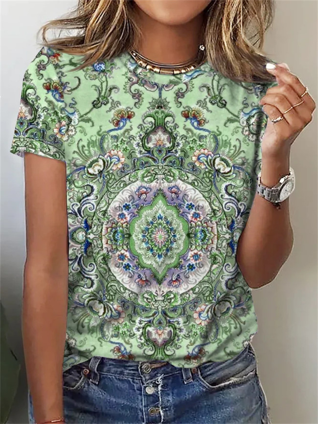Women's Floral Art Painting Printed Tops Crew Neck Retro Vintage T-Shirts