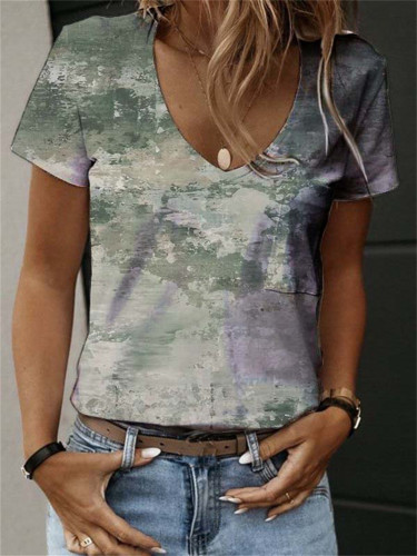 Women's Watercolor Painting Tee Vintage Retro Casual Front Pocket T-Shirt
