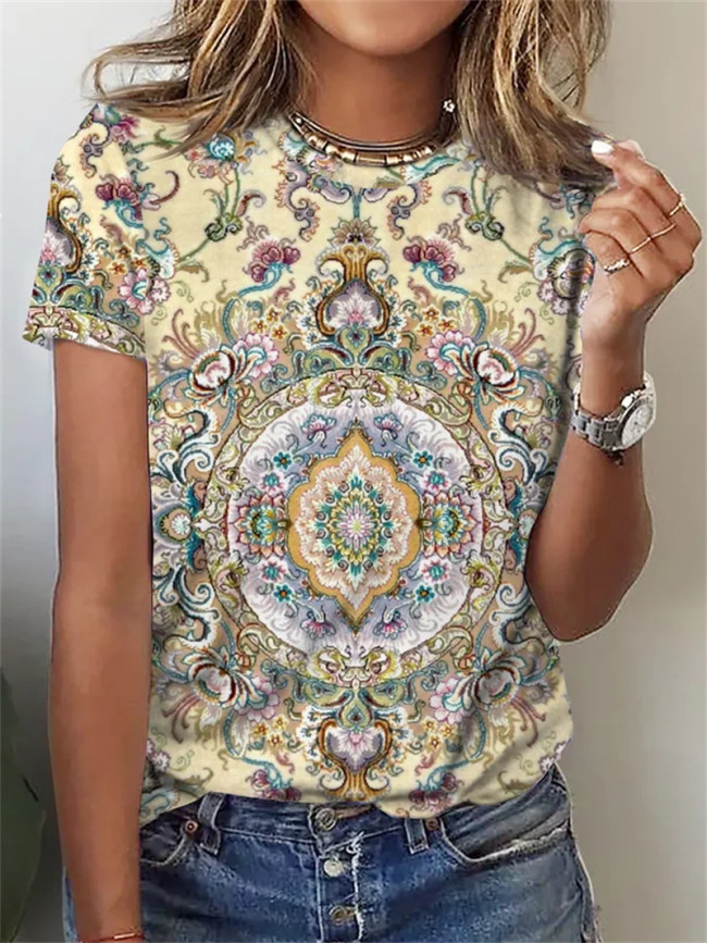 Women's Floral Art Painting Printed Tops Crew Neck Retro Vintage T-Shirts